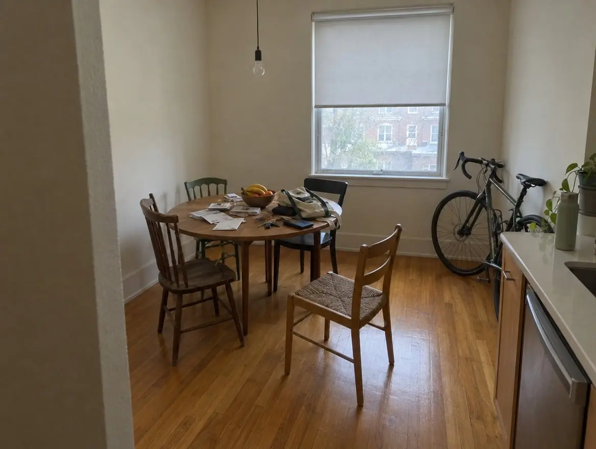 An example dining nook: a round table covered in mail and bags, a bare bulb and a bicycle by the window