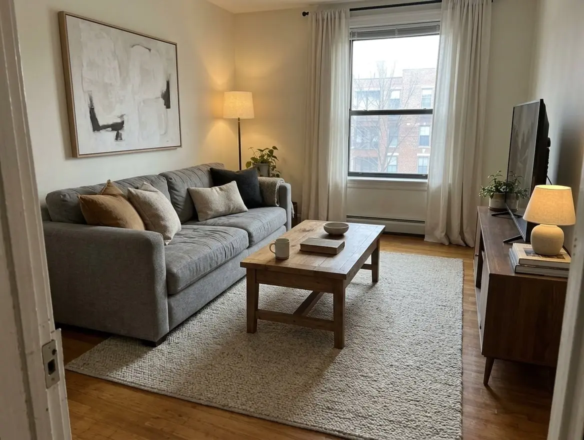 The same living room, finished: a larger wool rug, a big framed canvas over the sofa, linen curtains and a table lamp