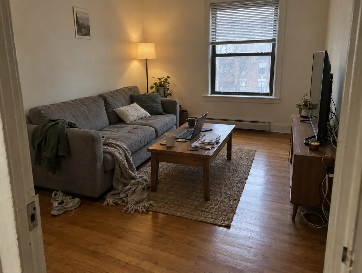 An example living room: a grey sofa with a throw, a laptop and mugs on the coffee table, shoes and cables on the floor