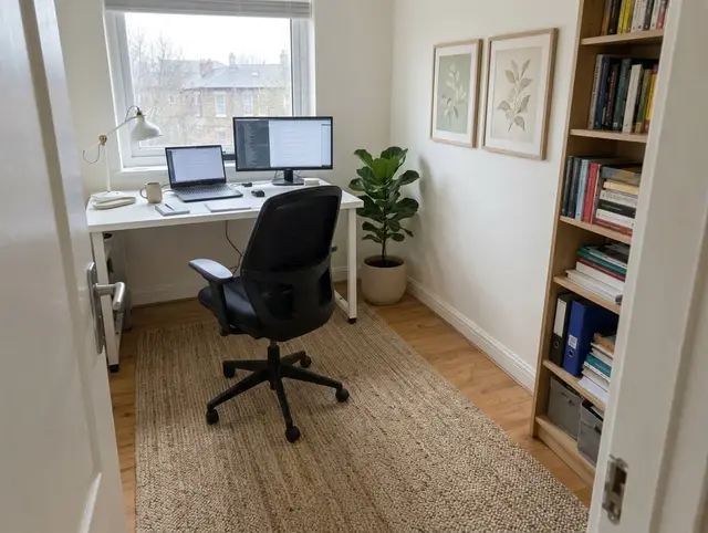 The same home office, finished: the rack and boxes gone, a jute rug under the chair, a task lamp, two prints and a floor plant