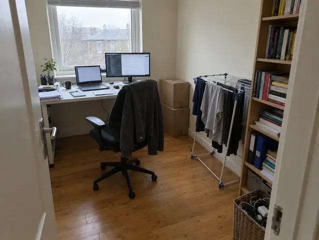 An example home office seen through the door: a jacket over the chair, a drying rack full of clothes and boxes in the corner