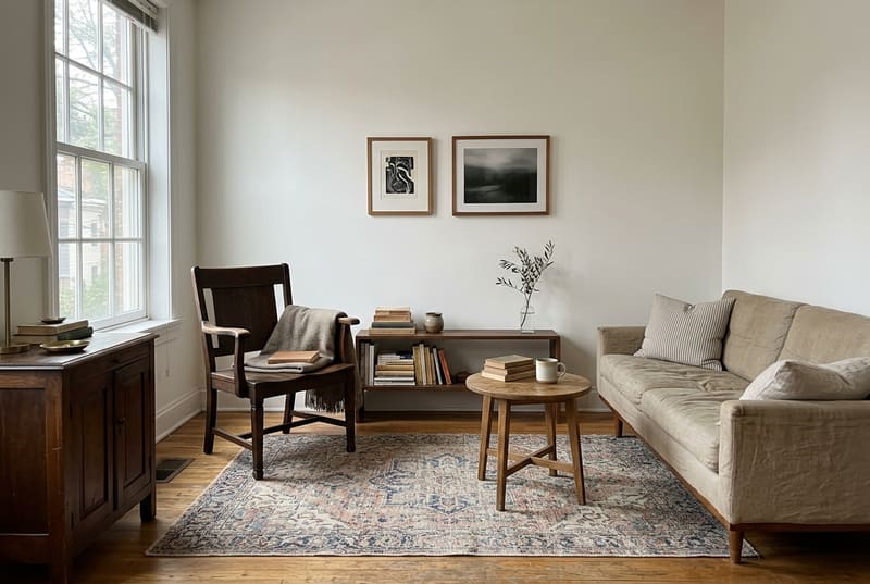 Living room with an old dark wood chair, a faded rug and a linen sofa