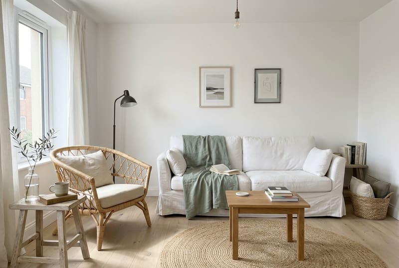 Bright living room with a white slipcovered sofa, a rattan chair and a round jute rug