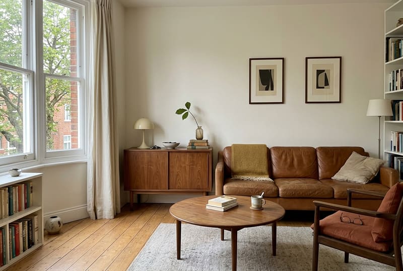Living room with a cognac leather sofa, a walnut sideboard and a round coffee table