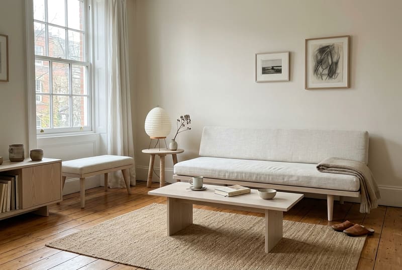 Calm room with a low linen daybed, pale wood tables and a paper lamp