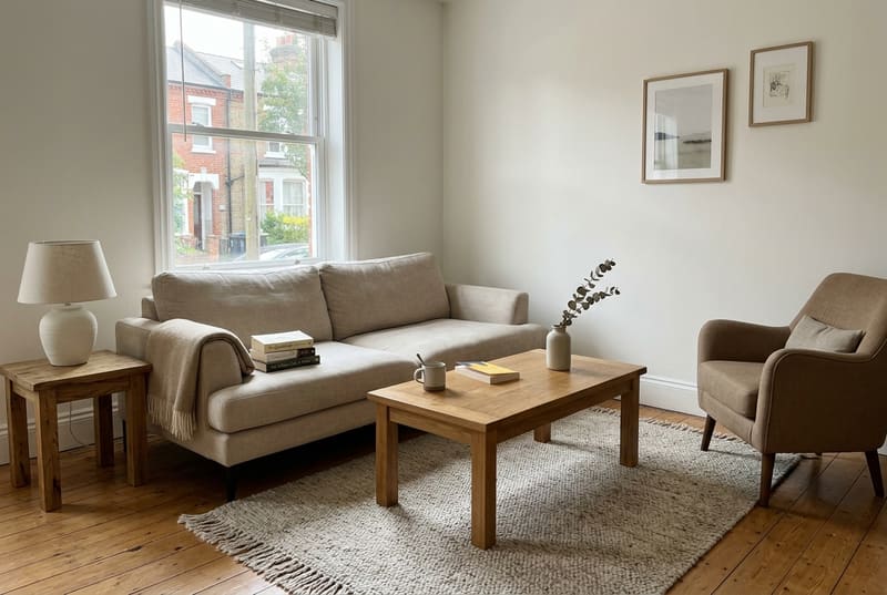 Living room with an oat linen sofa, an oak coffee table and a chunky wool rug