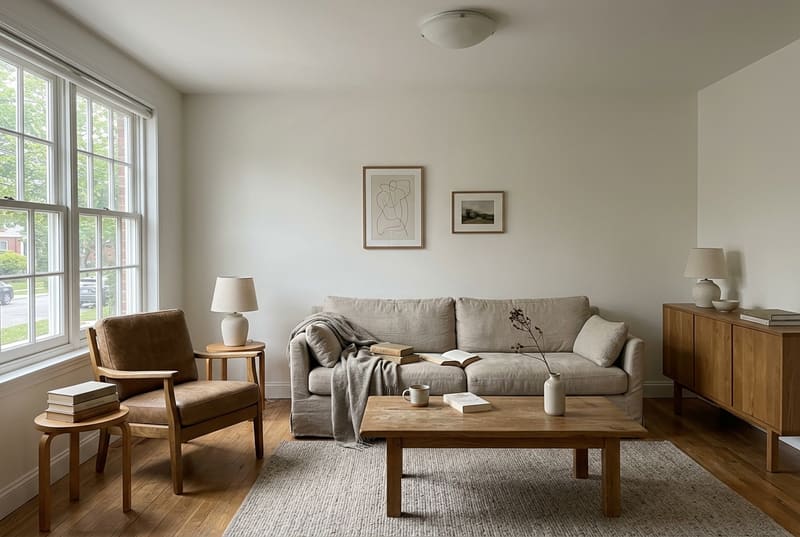 Living room with a linen sofa, a tan leather armchair and an oak sideboard